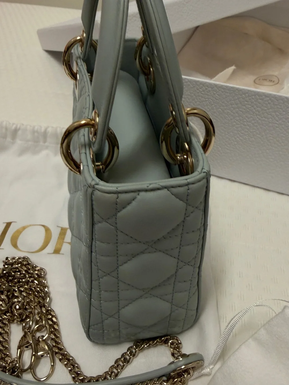 Dior Mini Lady Dior Top Handle Bag in Pale Slate Gray with Gold Hardware - Picture 5 of 10